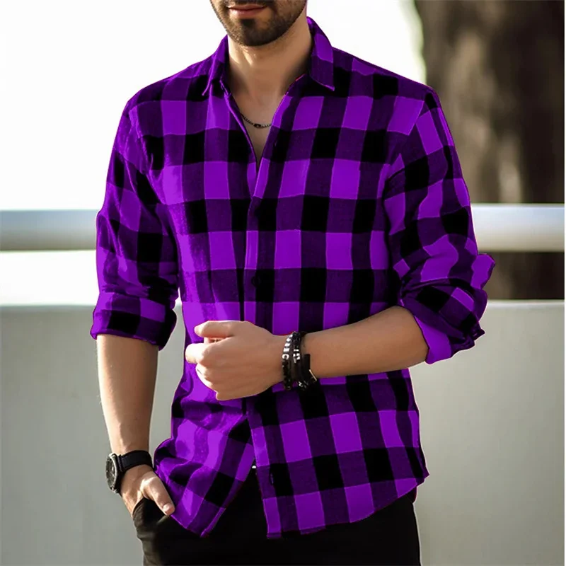 2024 New Retro Men's Casual Shirt Purple Plaid Print Long Sleeve Shirt Men's Cardigan Shirt S-6XL Summer High Quality Shirt
