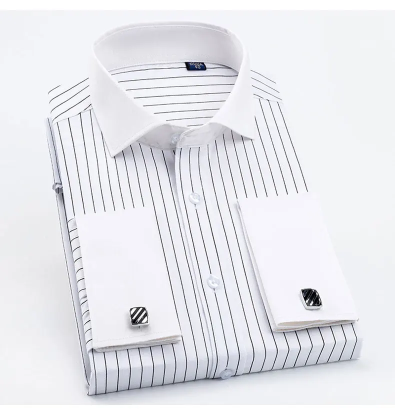2024 Luxury Men‘s Long Sleeve French Cuff Striped Dress Shirts Regular Fit Classic Formal Business Cufflinks Work Tuxedo Shirt