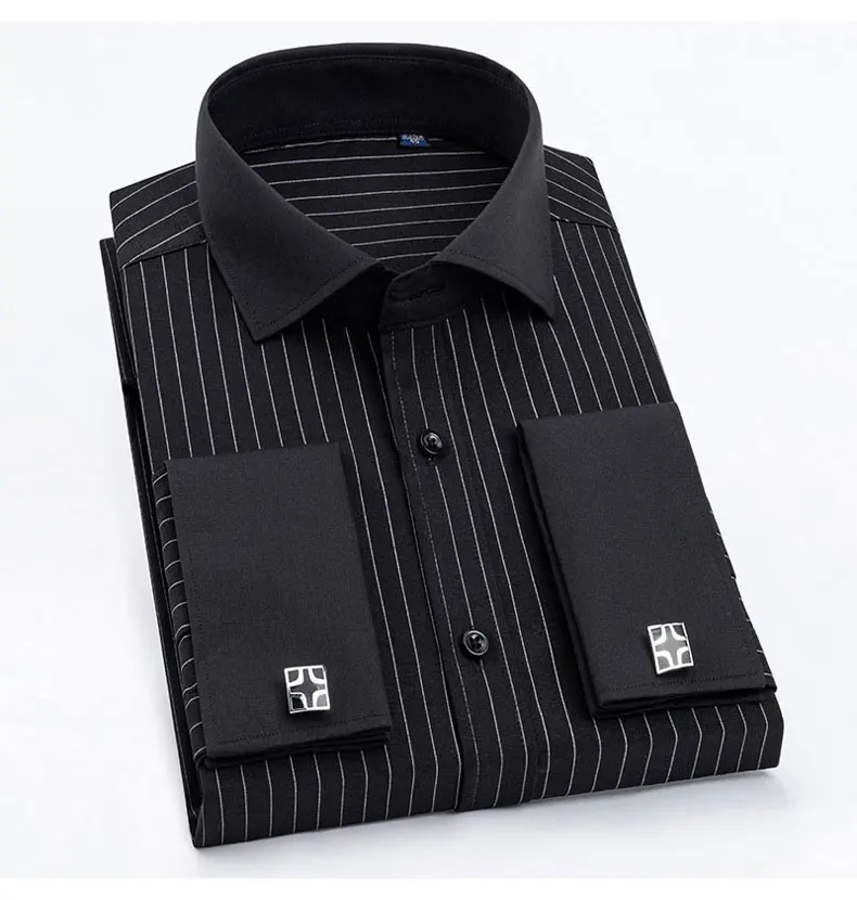 2024 Luxury Men‘s Long Sleeve French Cuff Striped Dress Shirts Regular Fit Classic Formal Business Cufflinks Work Tuxedo Shirt