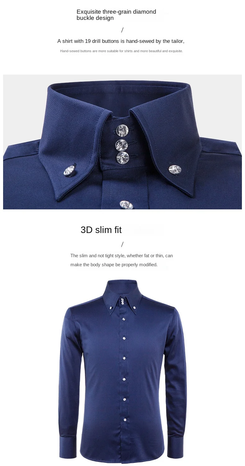 New Men's Long Sleeve Lined Crystal Button Shirt Elastic High Grade Business Leisure Slim Fit Trend Men's Shirt