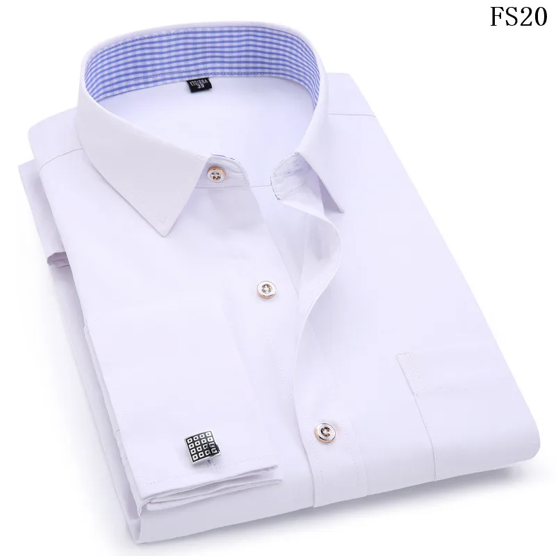 2024 Men French Cufflinks Shirts White Collar Design Solid Color Jacquard Fabric Male Gentleman Dress Long Sleeves Shirt