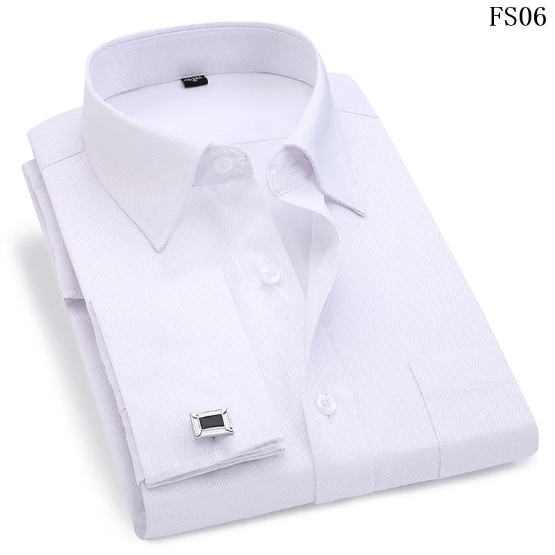 2024 Men French Cufflinks Shirts White Collar Design Solid Color Jacquard Fabric Male Gentleman Dress Long Sleeves Shirt