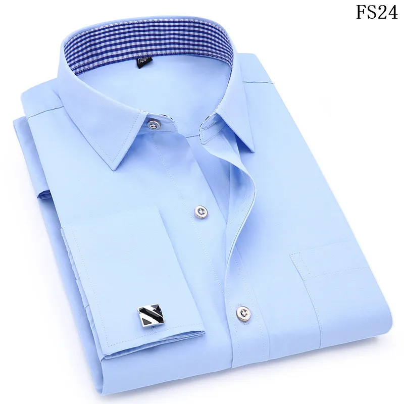 2024 Men French Cufflinks Shirts White Collar Design Solid Color Jacquard Fabric Male Gentleman Dress Long Sleeves Shirt