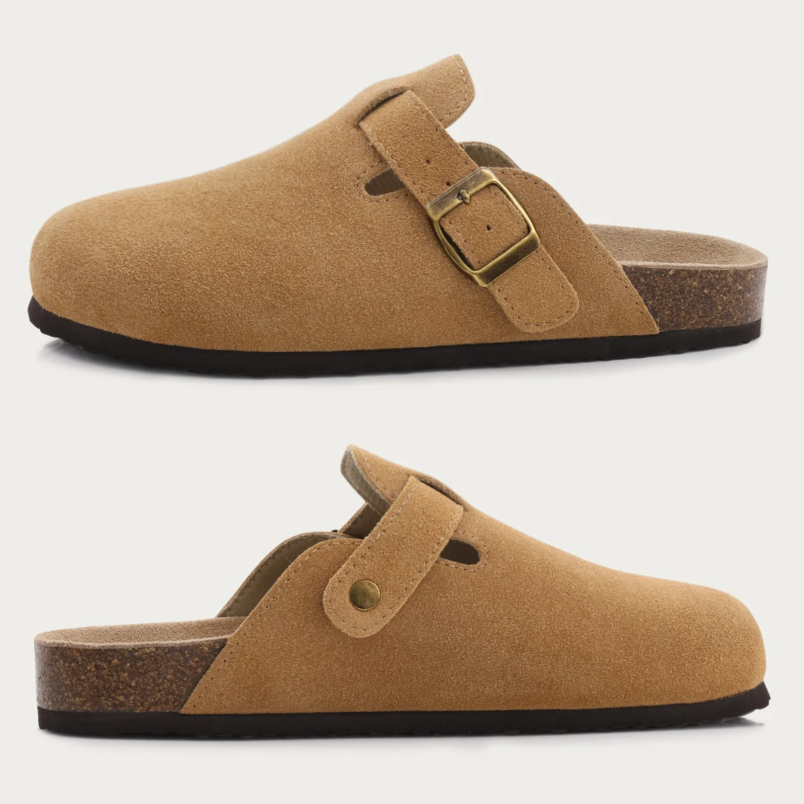 Comwarm Fashion Women's Suede Mules Slippers Men Clogs Cork Insole Sandals With Arch Support Outdoor Beach Slides Home Shoes