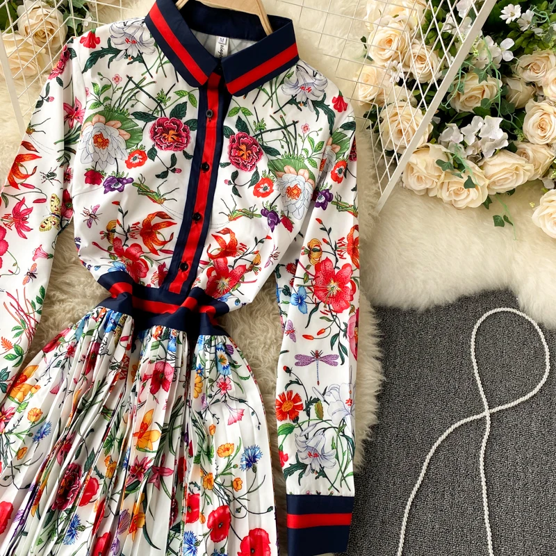 New Fashion Elegant Pleated Dress Women's Autumn and Winter Printed Long Sleeve Single Breasted Korean Clothings Vestidos Q408