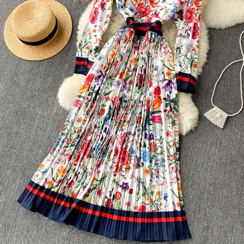 New Fashion Elegant Pleated Dress Women's Autumn and Winter Printed Long Sleeve Single Breasted Korean Clothings Vestidos Q408