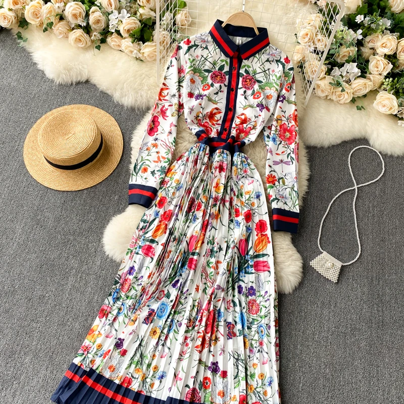 New Fashion Elegant Pleated Dress Women's Autumn and Winter Printed Long Sleeve Single Breasted Korean Clothings Vestidos Q408