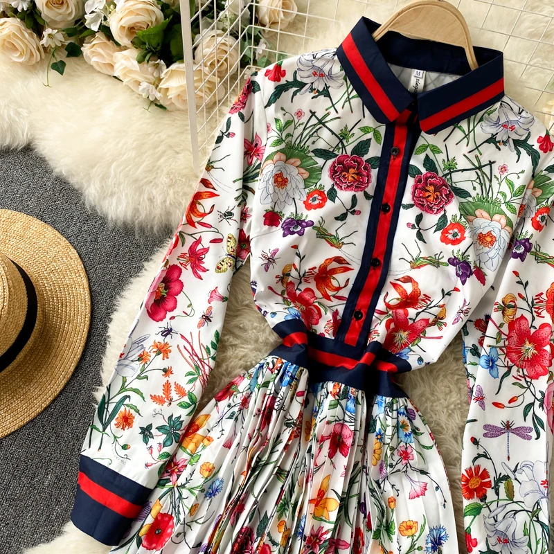 New Fashion Elegant Pleated Dress Women's Autumn and Winter Printed Long Sleeve Single Breasted Korean Clothings Vestidos Q408