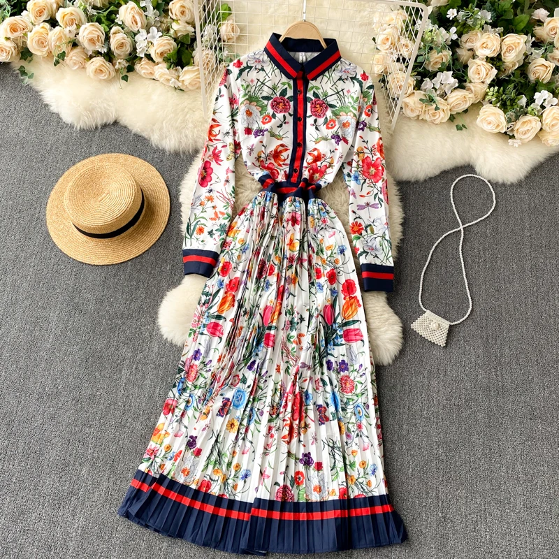 New Fashion Elegant Pleated Dress Women's Autumn and Winter Printed Long Sleeve Single Breasted Korean Clothings Vestidos Q408