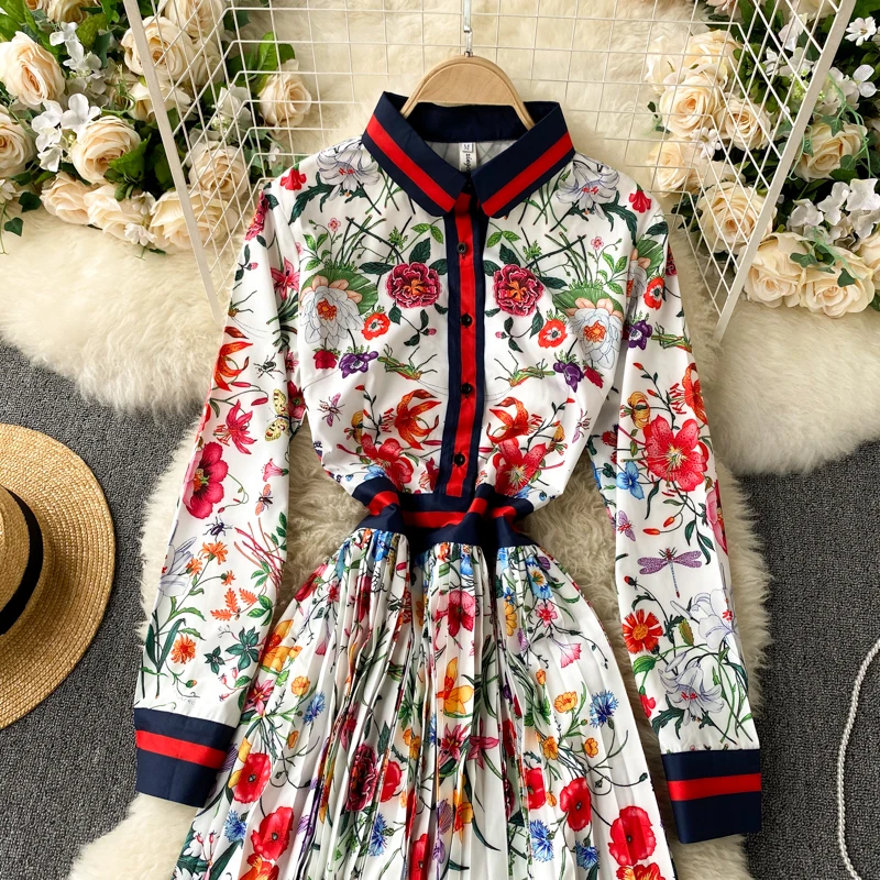 New Fashion Elegant Pleated Dress Women's Autumn and Winter Printed Long Sleeve Single Breasted Korean Clothings Vestidos Q408