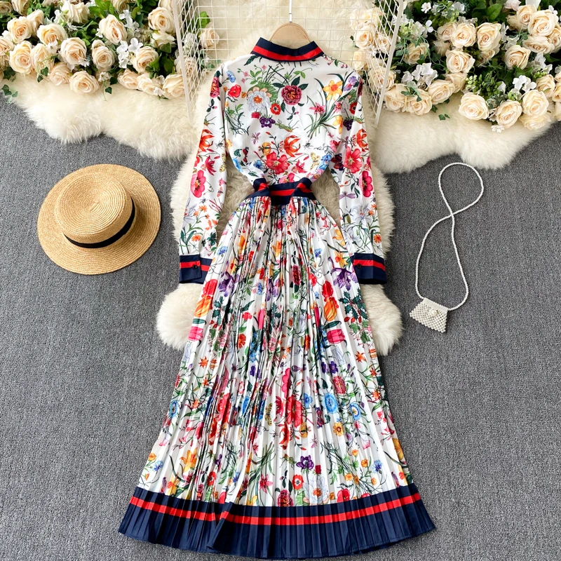 New Fashion Elegant Pleated Dress Women's Autumn and Winter Printed Long Sleeve Single Breasted Korean Clothings Vestidos Q408