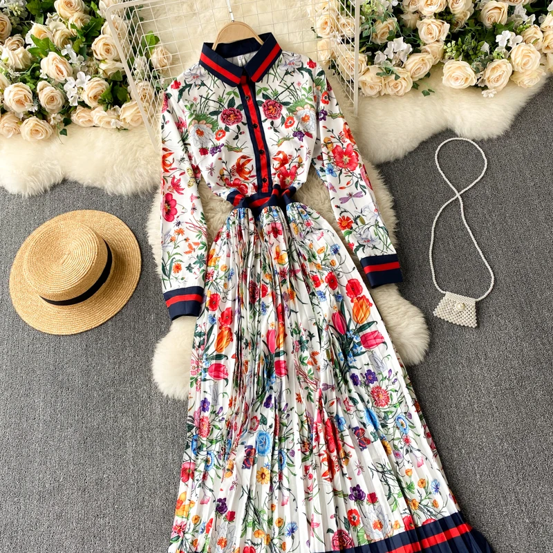 New Fashion Elegant Pleated Dress Women's Autumn and Winter Printed Long Sleeve Single Breasted Korean Clothings Vestidos Q408