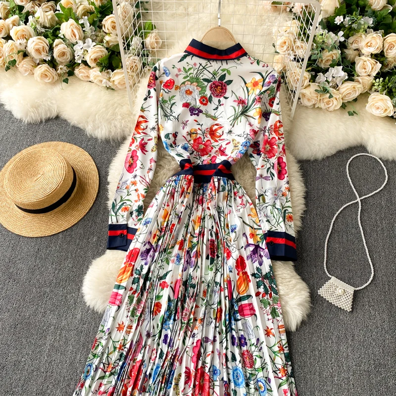 New Fashion Elegant Pleated Dress Women's Autumn and Winter Printed Long Sleeve Single Breasted Korean Clothings Vestidos Q408