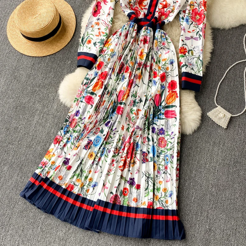 New Fashion Elegant Pleated Dress Women's Autumn and Winter Printed Long Sleeve Single Breasted Korean Clothings Vestidos Q408