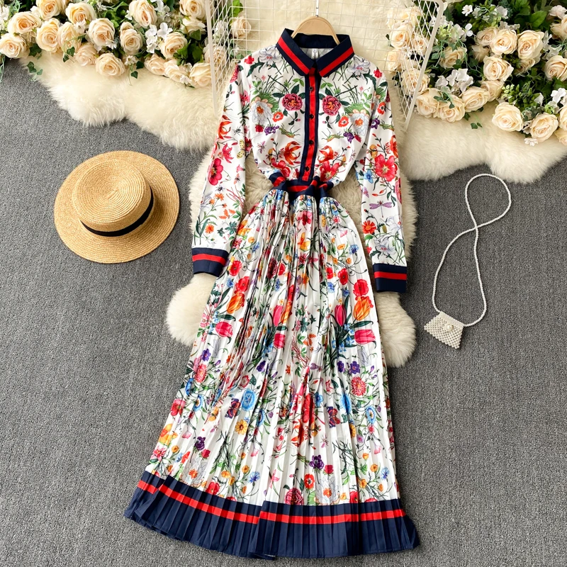 New Fashion Elegant Pleated Dress Women's Autumn and Winter Printed Long Sleeve Single Breasted Korean Clothings Vestidos Q408