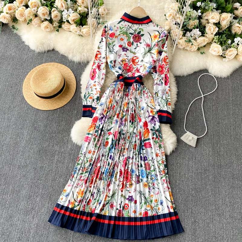 New Fashion Elegant Pleated Dress Women's Autumn and Winter Printed Long Sleeve Single Breasted Korean Clothings Vestidos Q408