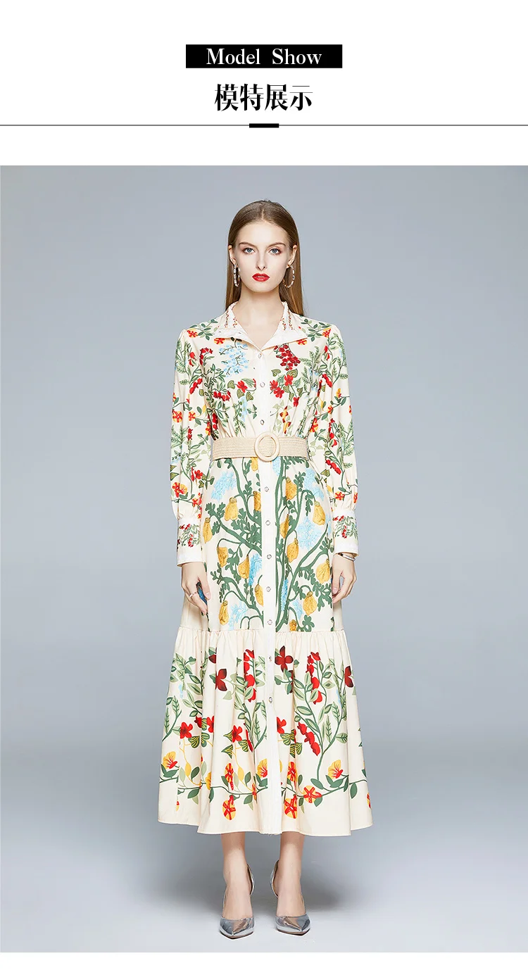 2024 Autumn Runway Maxi Dress Women's Long Sleeve Stand Gorgeous Flower Print Long Dress Female Buttons up Sashes Holidays Dress