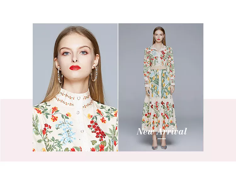 2024 Autumn Runway Maxi Dress Women's Long Sleeve Stand Gorgeous Flower Print Long Dress Female Buttons up Sashes Holidays Dress