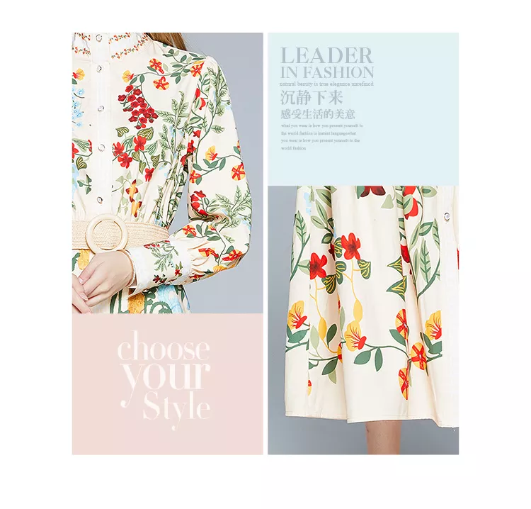 2024 Autumn Runway Maxi Dress Women's Long Sleeve Stand Gorgeous Flower Print Long Dress Female Buttons up Sashes Holidays Dress