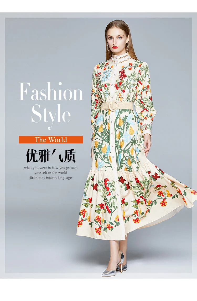 2024 Autumn Runway Maxi Dress Women's Long Sleeve Stand Gorgeous Flower Print Long Dress Female Buttons up Sashes Holidays Dress