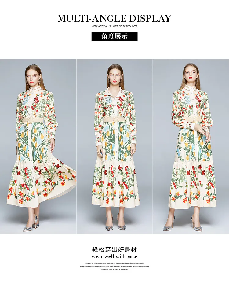 2024 Autumn Runway Maxi Dress Women's Long Sleeve Stand Gorgeous Flower Print Long Dress Female Buttons up Sashes Holidays Dress