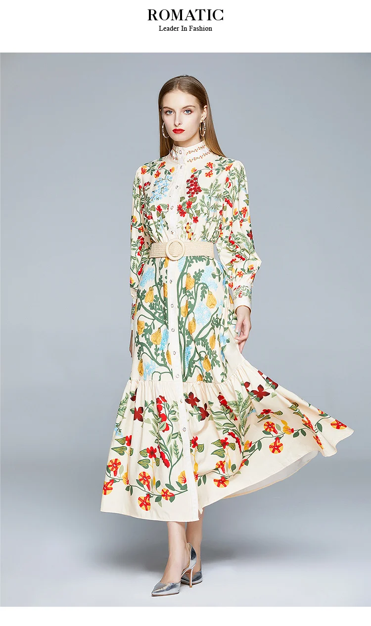 2024 Autumn Runway Maxi Dress Women's Long Sleeve Stand Gorgeous Flower Print Long Dress Female Buttons up Sashes Holidays Dress