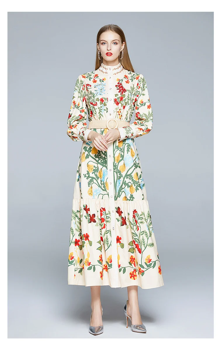 2024 Autumn Runway Maxi Dress Women's Long Sleeve Stand Gorgeous Flower Print Long Dress Female Buttons up Sashes Holidays Dress