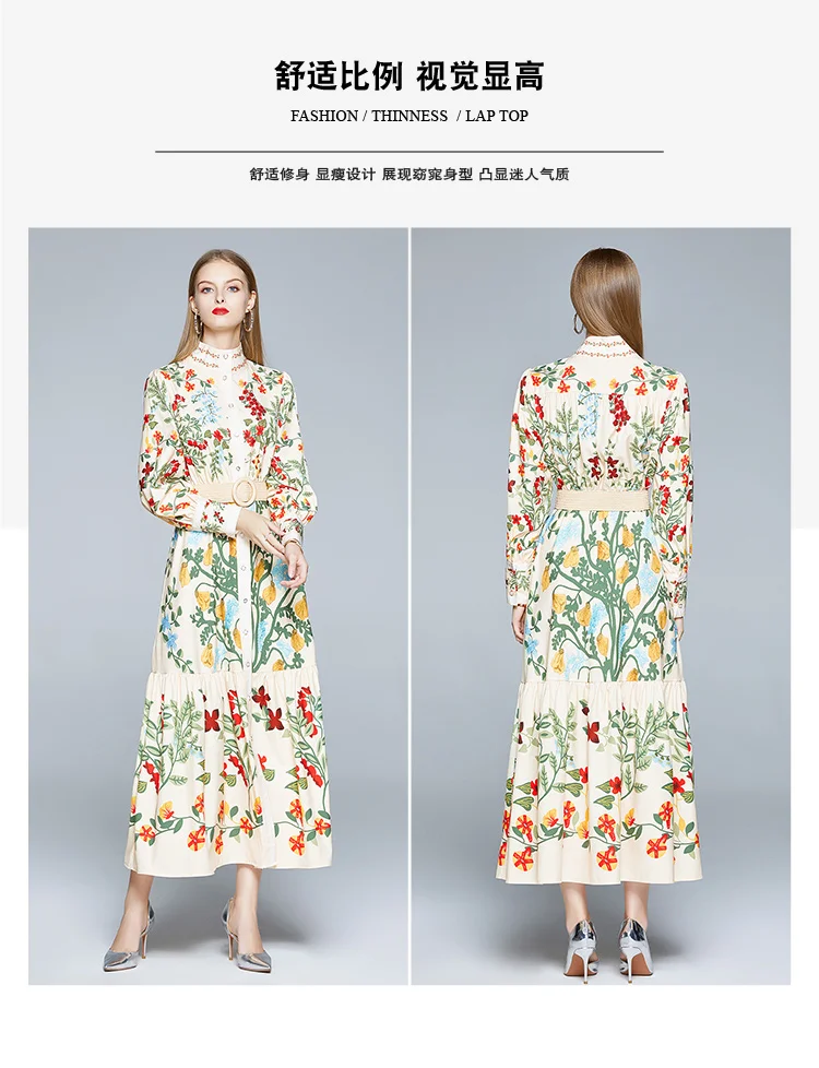 2024 Autumn Runway Maxi Dress Women's Long Sleeve Stand Gorgeous Flower Print Long Dress Female Buttons up Sashes Holidays Dress