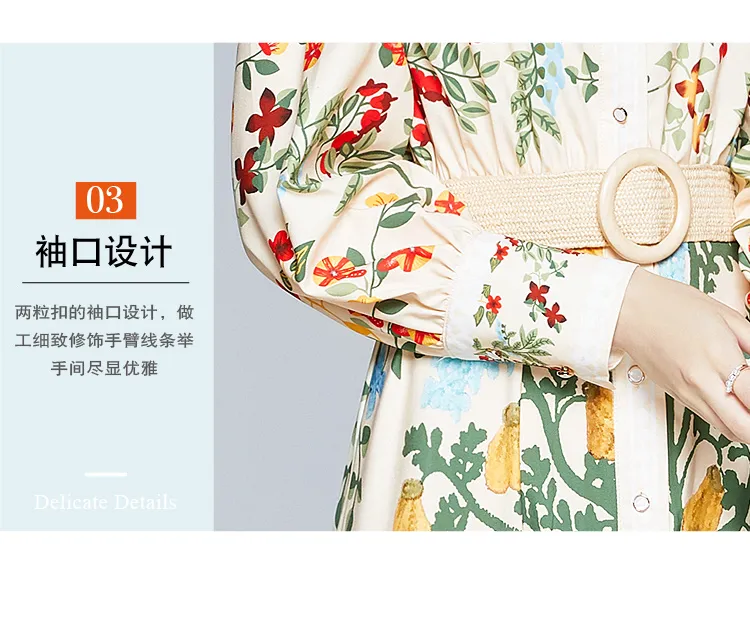 2024 Autumn Runway Maxi Dress Women's Long Sleeve Stand Gorgeous Flower Print Long Dress Female Buttons up Sashes Holidays Dress