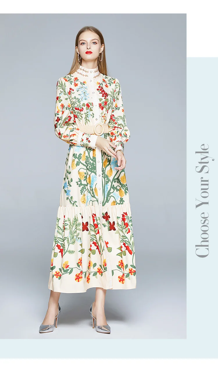 2024 Autumn Runway Maxi Dress Women's Long Sleeve Stand Gorgeous Flower Print Long Dress Female Buttons up Sashes Holidays Dress