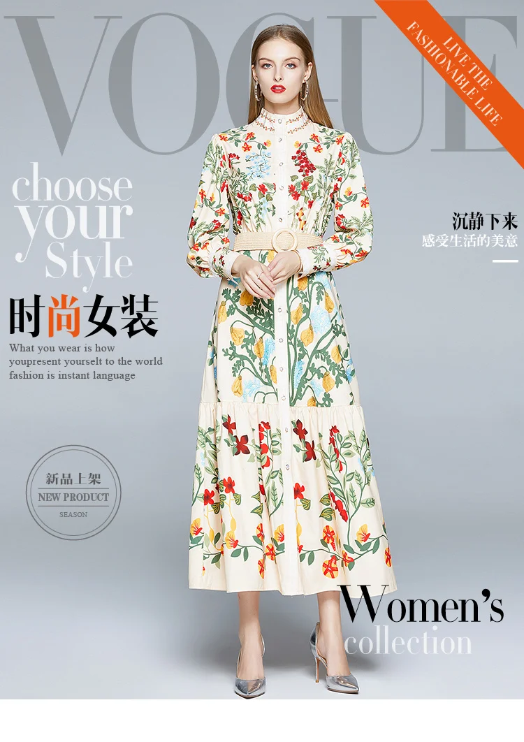 2024 Autumn Runway Maxi Dress Women's Long Sleeve Stand Gorgeous Flower Print Long Dress Female Buttons up Sashes Holidays Dress