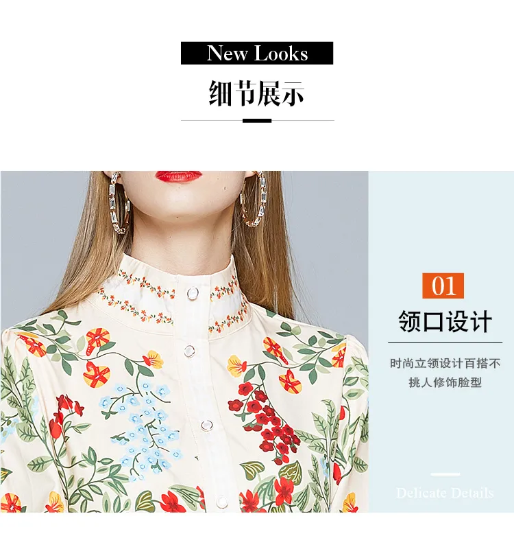 2024 Autumn Runway Maxi Dress Women's Long Sleeve Stand Gorgeous Flower Print Long Dress Female Buttons up Sashes Holidays Dress