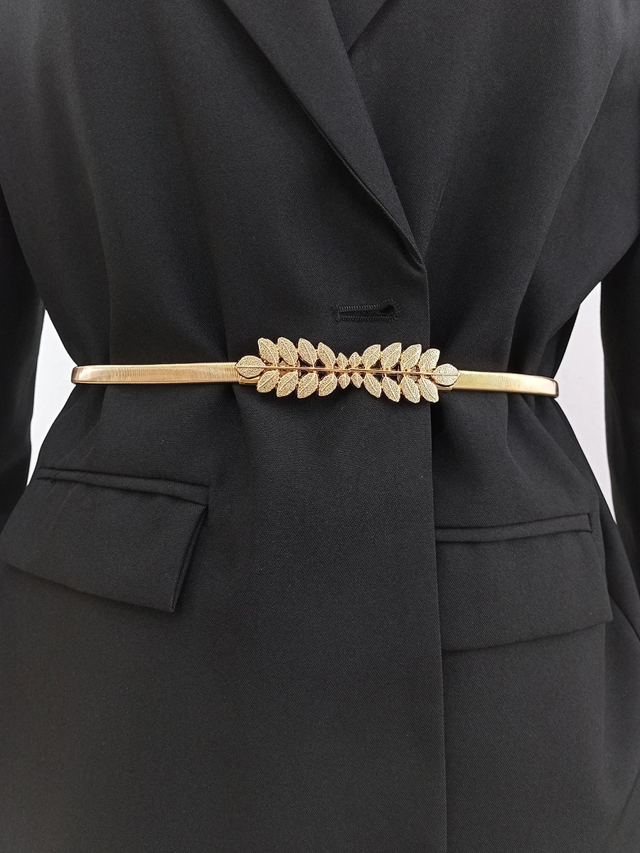 Fashion Elastic Gold Chain Belt Female Waist Leaf Silver metal Belts For Women High Quality Luxury Thin Stretch Riem