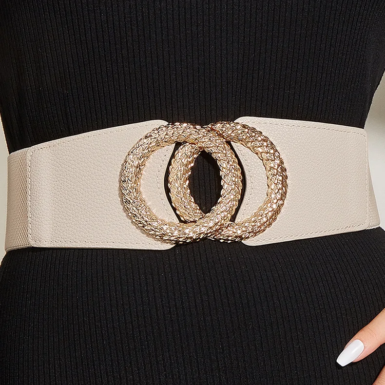 Korean Fashion Ladies Decorated Elastic Wide Gold Belt Buckle Dress Sweater Sweater Waist Belt for Woman Designer Luxury Brand