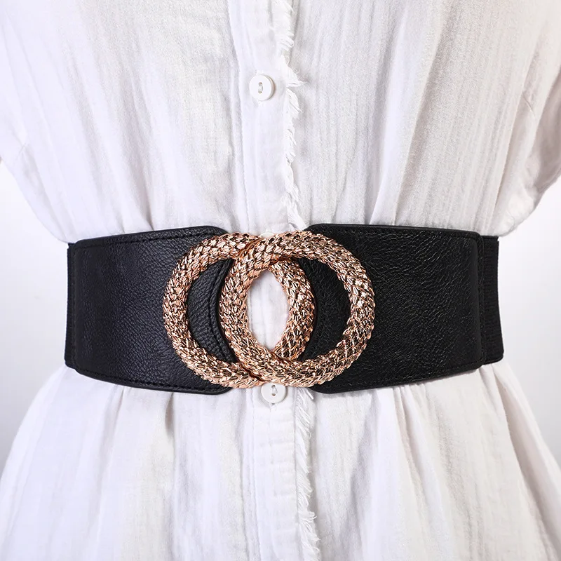 Korean Fashion Ladies Decorated Elastic Wide Gold Belt Buckle Dress Sweater Sweater Waist Belt for Woman Designer Luxury Brand