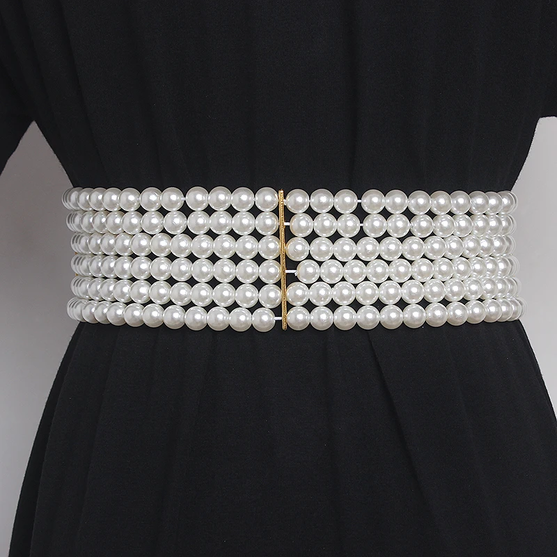 Large Pearl Waist Chain Women's Elastic Belt with Diamond Decoration All-match Skirt Fashion Casual Luxury Design Girdle Gothic