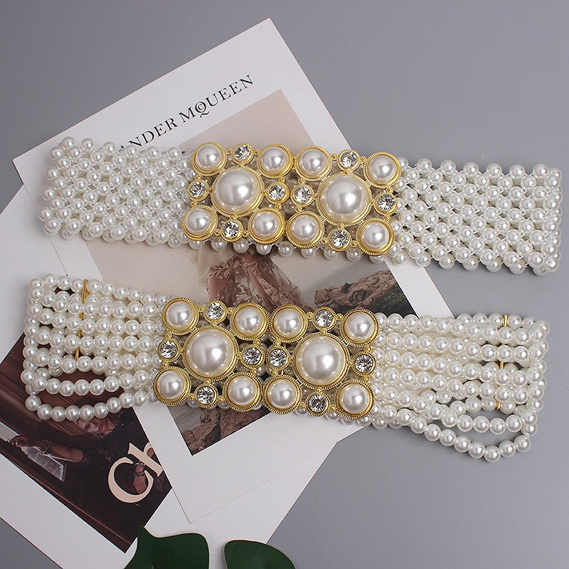 Large Pearl Waist Chain Women's Elastic Belt with Diamond Decoration All-match Skirt Fashion Casual Luxury Design Girdle Gothic