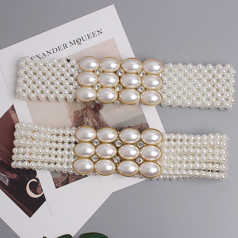 Large Pearl Waist Chain Women's Elastic Belt with Diamond Decoration All-match Skirt Fashion Casual Luxury Design Girdle Gothic