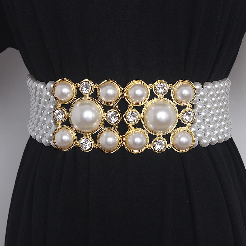 Large Pearl Waist Chain Women's Elastic Belt with Diamond Decoration All-match Skirt Fashion Casual Luxury Design Girdle Gothic