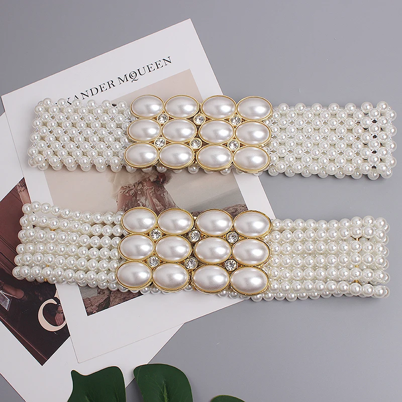 Large Pearl Waist Chain Women's Elastic Belt with Diamond Decoration All-match Skirt Fashion Casual Luxury Design Girdle Gothic