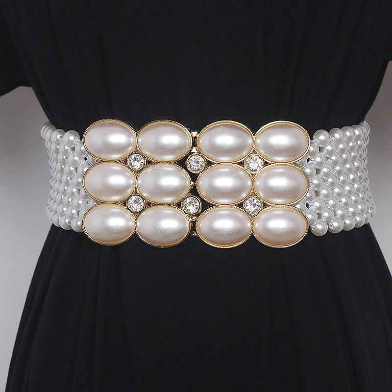 Large Pearl Waist Chain Women's Elastic Belt with Diamond Decoration All-match Skirt Fashion Casual Luxury Design Girdle Gothic