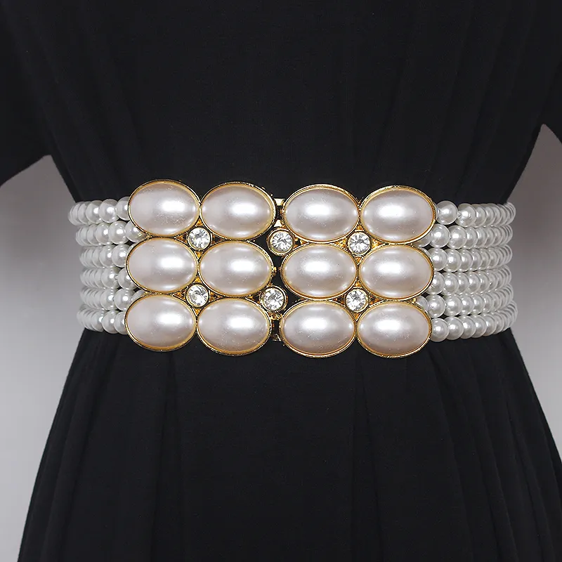 Large Pearl Waist Chain Women's Elastic Belt with Diamond Decoration All-match Skirt Fashion Casual Luxury Design Girdle Gothic