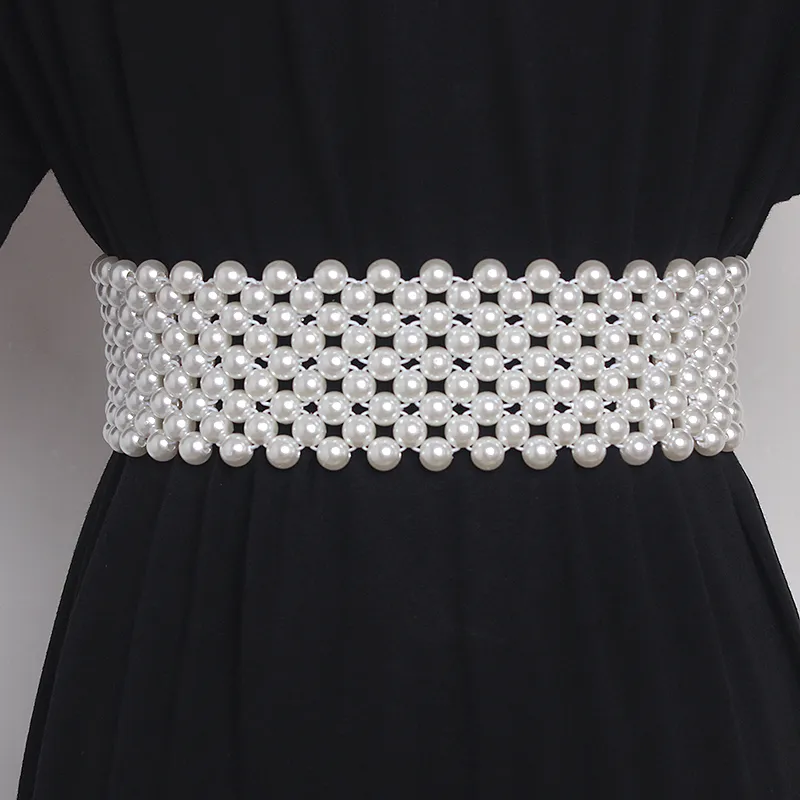 Large Pearl Waist Chain Women's Elastic Belt with Diamond Decoration All-match Skirt Fashion Casual Luxury Design Girdle Gothic