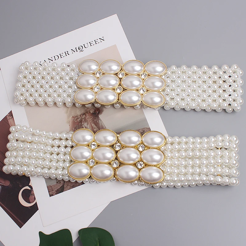 Large Pearl Waist Chain Women's Elastic Belt with Diamond Decoration All-match Skirt Fashion Casual Luxury Design Girdle Gothic