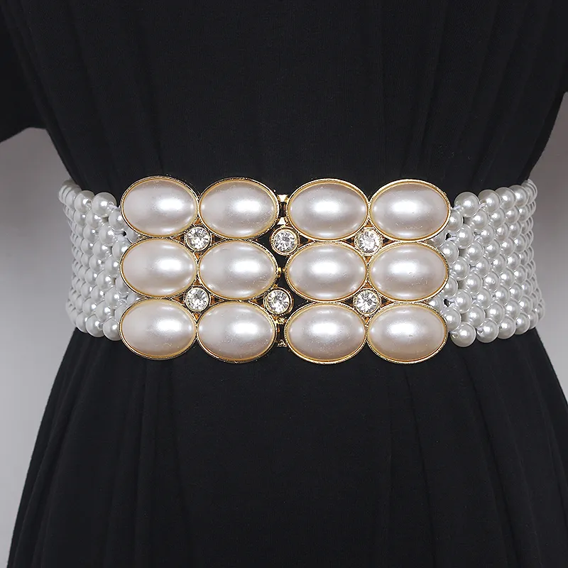 Large Pearl Waist Chain Women's Elastic Belt with Diamond Decoration All-match Skirt Fashion Casual Luxury Design Girdle Gothic