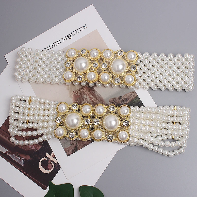 Large Pearl Waist Chain Women's Elastic Belt with Diamond Decoration All-match Skirt Fashion Casual Luxury Design Girdle Gothic