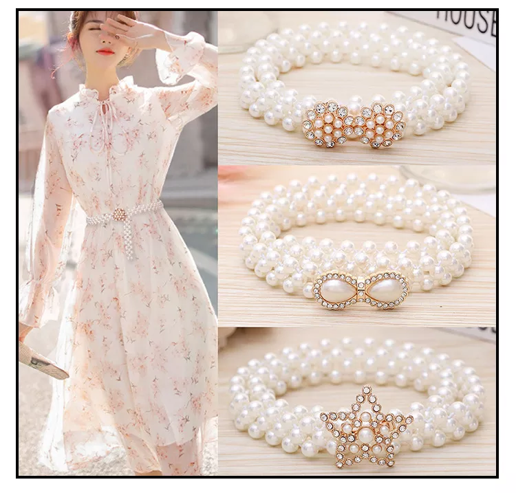 Trendy Pearl Waist Chain Women Fashion Rhinestone Elastic Dress Waistband Ladies Designer Thin Waist Belts Clothing Accessories