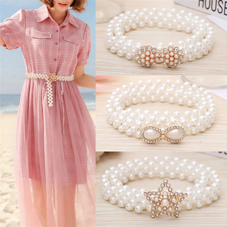 Trendy Pearl Waist Chain Women Fashion Rhinestone Elastic Dress Waistband Ladies Designer Thin Waist Belts Clothing Accessories