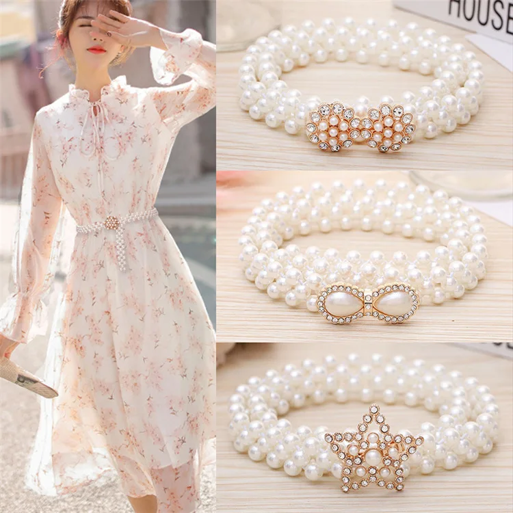 Trendy Pearl Waist Chain Women Fashion Rhinestone Elastic Dress Waistband Ladies Designer Thin Waist Belts Clothing Accessories