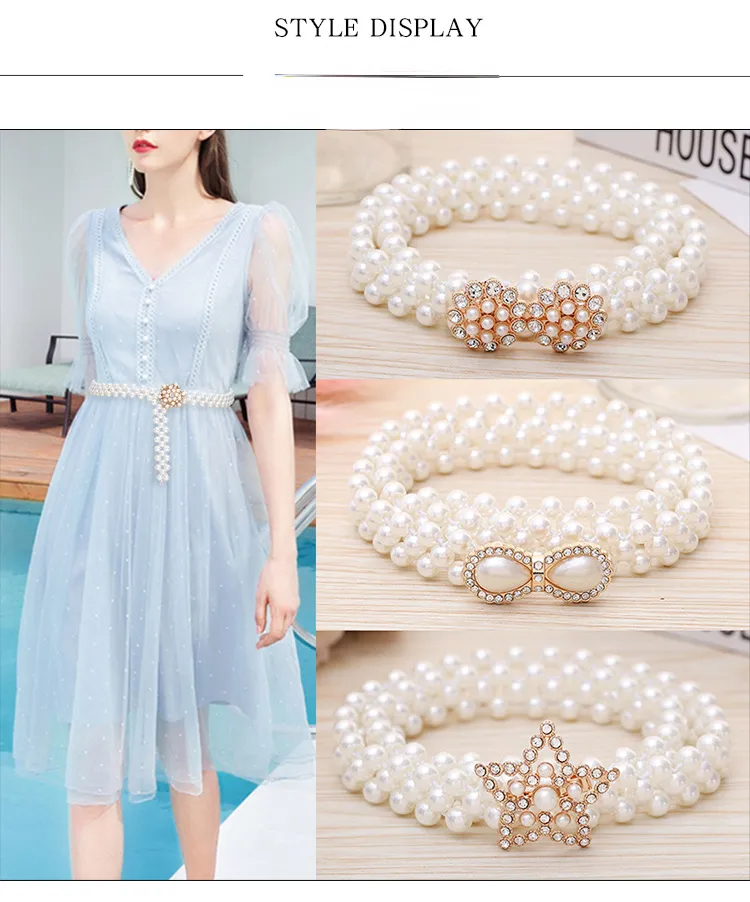 Trendy Pearl Waist Chain Women Fashion Rhinestone Elastic Dress Waistband Ladies Designer Thin Waist Belts Clothing Accessories